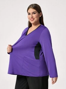 TaskEZ 1pc Plus Size Color Block Trim V-Neck Pocket Long Sleeve Nursing Top Scrub Uniform Top