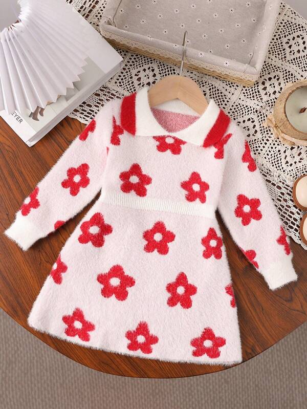 Baby Girl Ruffled Collar Knit Long Sleeve Sweater Dress, Comfortable & Warm Floral Pattern Elegant Cute Suitable For Autumn/Winter, Daily, School, Home, Outdoor, Travel