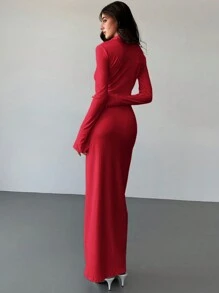 Aloruh 1 chiếc váy dài bó sát, cổ áo sơ mi trắng cổ chữ V sâu, khoét sâu cho nữ đi làm tối giản - Màu Đỏ Sâu - Xem 2