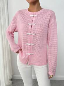 SHEIN LUNE Camiseta de mujer de manga larga con hombros caídos, cuello mao y bloque de color rosa, para otoño - Rosa - Ver 4