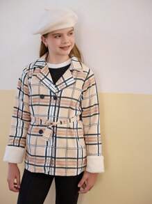 SHEIN 1 chiếc áo khoác lót nhiệt cổ ve kẻ caro ấm áp cho bé gái tuổi mới lớn, mùa thu/đông - Nhiều màu - Xem 6