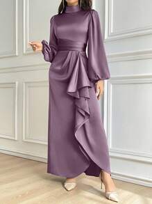Modelyn 1 pieza Vestido largo de manga larga elegante con cuello alto, dobladillo con volantes y unicolor para mujer, vestido de noche largo - Púrpura polvoriento - Ver 5