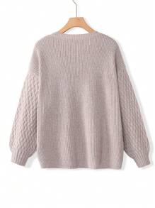 SHEIN LUNE Women's Plus Solid Color Knit Sequin Snowflake Embroidered Long Sleeve Loose Pullover Sweater For Commuting, Autumn/Winter Knit Pullover Fall - Khaki - View 2