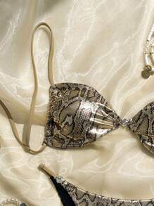 SHEIN Swim 时尚性感蛇皮印花比基尼套装泳装，精致材质女士沙滩泳装夏季 - 棕色 - 查看 4