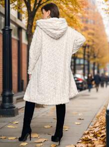 SHEIN Privé Áo khoác lót nhiệt dày có mũ dài cỡ lớn cho nữ, màu mơ, Bộ sưu tập mùa đông mới - Màu be - Xem 2