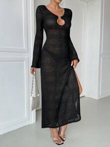 SHEIN Essnce Đầm dài tay loe phía trước dệt kim màu trơn đơn giản cho nữ - màu đen - Xem 1