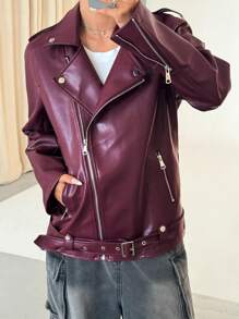 Flirla 时尚优质机车领栗色皮夹克，百搭秋冬 - 紫紅色 - 查看 4