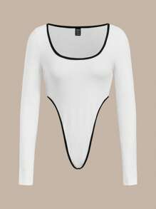 SHEIN BASICS 2 件套女士休闲针织撞色修身长袖紧身衣 - 黑與白 - 查看 6