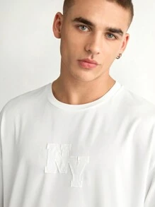 Manfinity VCAY Unisex Letter Embroidered Loose Drop Shoulder Long Sleeve T-Shirt And High Waist Drawstring Wide Leg Pants Set - White - View 5