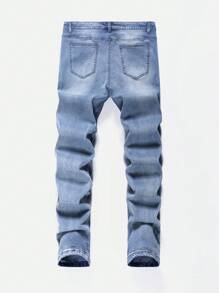 Manfinity Homme Quần Jeans Skinny Jeans Xanh Nhạt Cỡ Lớn Cho Nam, Quần Jeans Rách Trơn Ôm Vừa Vặn Dài Màu Xanh Navy, Dành Cho Chồng, Quà Tặng Bạn Trai - Rửa nhẹ - Xem 2