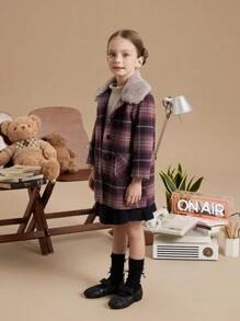 PrepCrw Geruite oversized enkelrijsjas voor jonge meisjes met pluizige kraag, losse pasvorm, voor herfst en winter, collegestijl