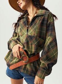 Bohemela Blusa holgada de manga larga con cuello de solapa a cuadros para mujeres, ropa de vacaciones