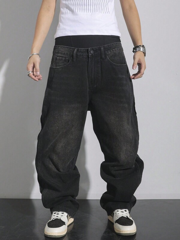 Manfinity EMRG Jeans holgados de cintura baja y pierna ancha de unicolor casual para hombres, jeans negros largos y oscuros lavados, jeans cargo para regalos de esposo, novio, salidas, universidad, calle urbana, grunge