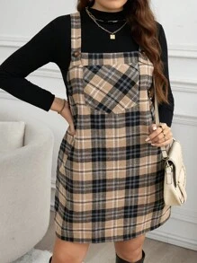 SHEIN LUNE Plus Size Loose Strap Button Pocket Plaid Casual Mini Dress Plus Size Fall Clothes Dresses For Women - Multicolor - View 4