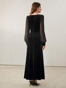 Anewsta Women Lace Trim Slit Hollow Velvet Elegant Sexy Dress