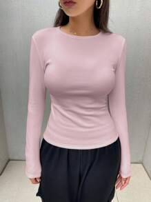 DAZY Women Solid Color Round Neck Long Sleeve Casual T-Shirt,Fall Clothes,Fleece Lined