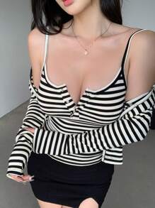 DAZY Striped Patchwork Fitted Cardigan T-Shirt With Camisole For Women,Fall Clothes Long Sleeve Women Tops - Black and White - View 6