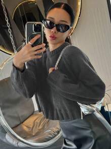 DAZY Áo len chui đầu dáng rộng tay raglan màu trơn thường ngày cho nữ, quần áo mùa thu - Xám - Xem 2