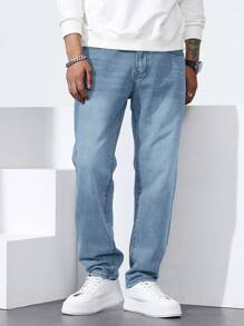 Manfinity Homme Men's Straight Loose Casual Fit Jeans With Pockets - Light Wash - View 8