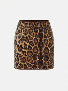 Tween Girls Y2K 豹纹亮片刺绣修身迷你裙，时尚休闲 - 棕色 - 查看 2