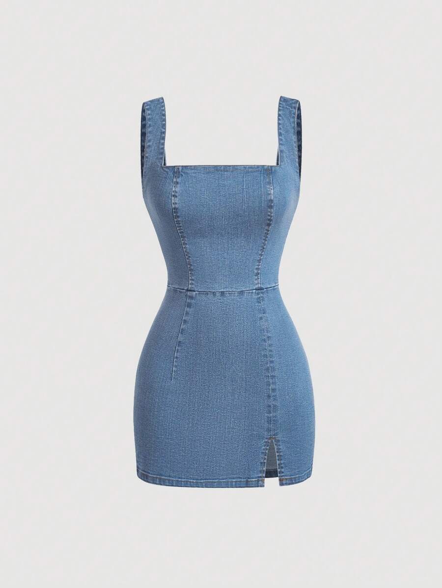 SHEIN MOD 女士无袖后拉链简约牛仔连衣裙，休闲日常穿着 - 淺色水洗藍 - 查看 1