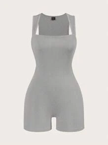 SHEIN BASICS 2 件套女士休闲纯色针织紧身丁字背连体衣 - 灰色 - 查看 4