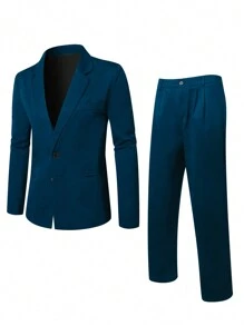 Calvornis 男士加大码纯色立领长袖西装外套和裤子套装，秋季商务休闲装 - 藍色 - 查看 1