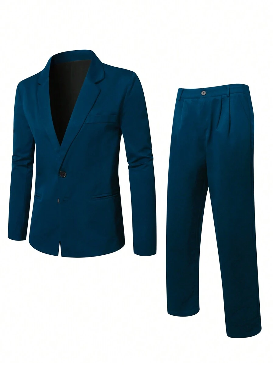 Calvornis 男士加大码纯色立领长袖西装外套和裤子套装，秋季商务休闲装 - 藍色 - 查看 1