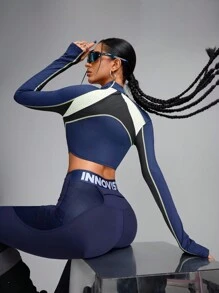 Innovista Tight Fit Cropped Colorblock Front Zipper Breathable Long Sleeve Sports Sweatshirts,Outfits T-Shirts Tops,Going Out,Party,Gym & Daily Casual,Festival,Fall Winter