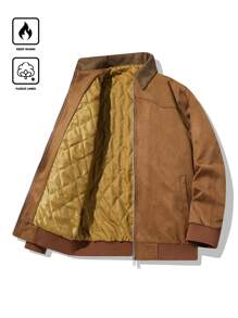 Chillumni 男士纯色长袖拉链领休闲棉服外套，冬季外出泡泡衣，适合朋友、丈夫、男朋友的礼物 - 棕色 - 查看 1