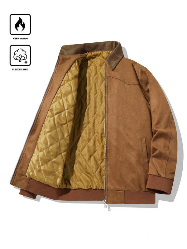 Manfinity Hypemode Men's Solid Color Long Sleeve Zip-Up Collar Casual Padded Coat, Winter Going Out Bubble Coat, For Friends, Husband, Boyfriend Gifts