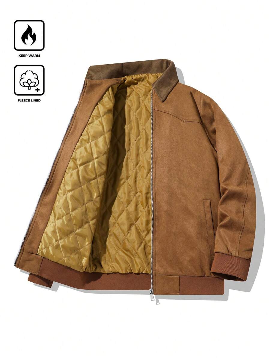 Chillumni 男士纯色长袖拉链领休闲棉服外套，冬季外出泡泡衣，适合朋友、丈夫、男朋友的礼物 - 棕色 - 查看 1