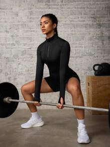 Eassivo Eassivo 1pc Women's Solid Color Zipper Collar Mesh Splice Sports Jacket With Thumb Hole - Black - View 5