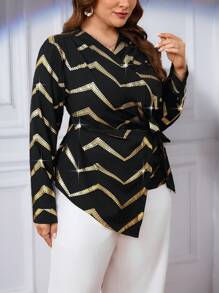 SHEIN Privé Blouse asymétrique à rayures métalliques et col V avec attache pour femmes grande taille, convient pour les rendez-vous, les fêtes et les sorties - Multicolore - Voir 3