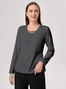 TaskEZ 3pcs Women Simple Cross Strap Double Pockets Nurse Scrub Uniform Top Set - Multicolor - View 10