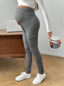 SHEIN 孕妇高腰仿口袋简约紧身裤，休闲日常穿着 - 灰色 - 查看 1