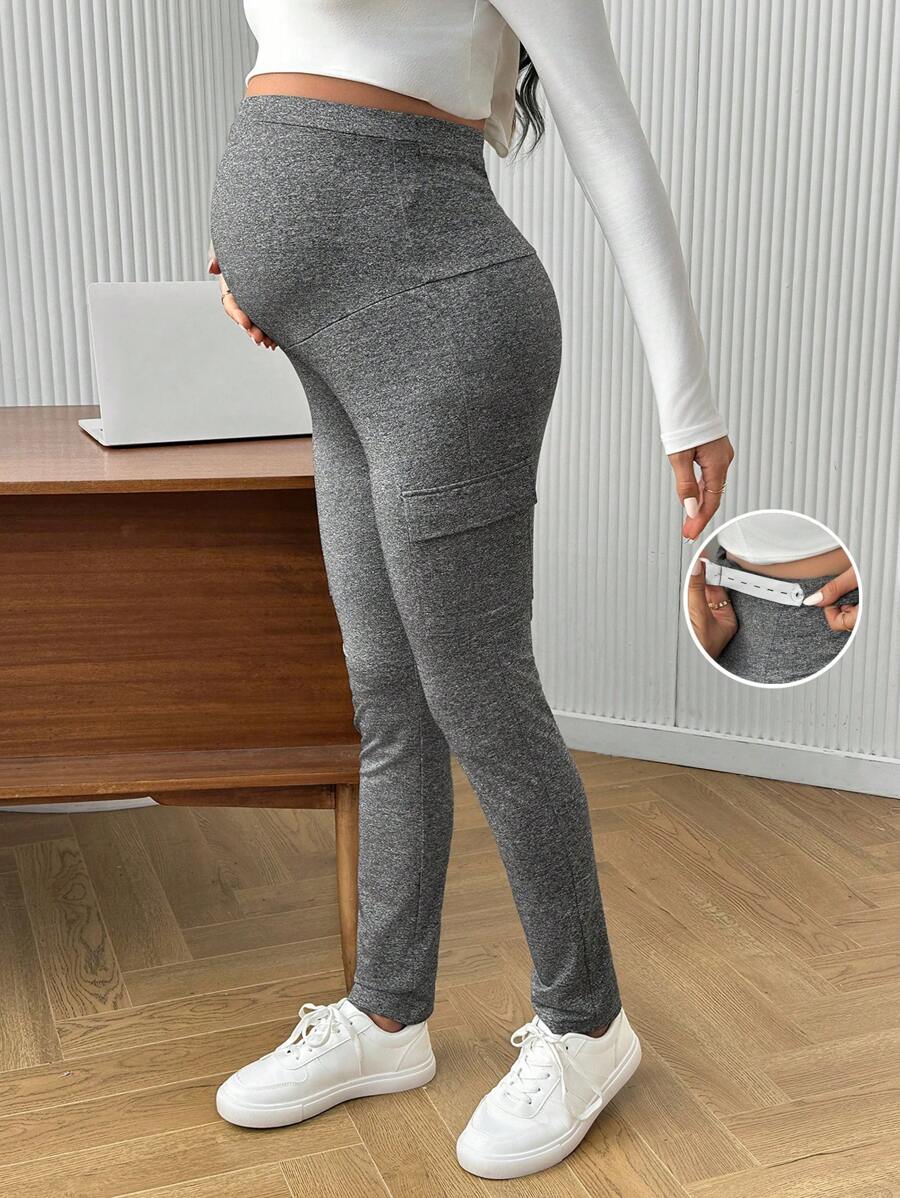 SHEIN 孕妇高腰仿口袋简约紧身裤，休闲日常穿着 - 灰色 - 查看 1