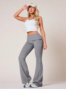 VARSIVA Cold Fall Winter Clothes Women Solid Color Fold-Over Waist Flare Leg Casual Pants - Grey - View 6
