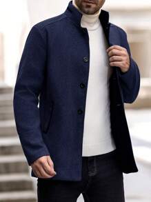 Manfinity Homme Chaqueta casual de cuello alto, abotonadura sencilla y manga larga para hombre para otoño/invierno, tipo abrigo marinero
