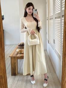 DAZY Women Elegant Long Contrast Lace Dress, Suitable For Autumn Long Sleeve Dress Maxi Dress - Apricot - View 6
