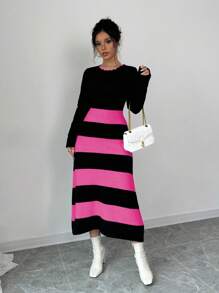 Elenzga Women Casual Daily Colorblock Striped Sweater Dress, Autumn/Winter Fall Cloth For Women