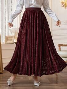 Modelyn 优雅纯色蕾丝喇叭裙，秋季酒红色女式长裙 - 酒紅色 - 查看 4