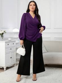 Modelyn Áo cánh tay đèn lồng xếp nếp màu trơn thanh lịch cỡ lớn cho nữ, dáng ôm vừa vặn, mùa xuân/thu - Màu tím - Xem 6