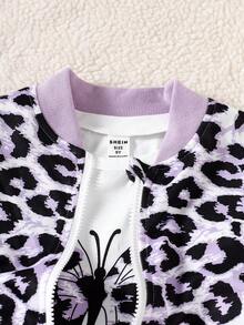 SHEIN 3 sztuki/zestaw dziewczęca kurtka bomberka z nadrukiem w panterkę, koszulka z krótkim rękawem w kolorze białym z nadrukiem motyli i elastyczny pas, spodnie dresowe typu jogger