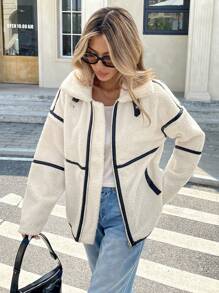 Serisse Women Casual Contrast Piping Drop Shoulder Loose Zip-Up Fleece Winter Lamb's Clash Color Long Sleeve Jacket, Autumn/Winter Teddy Coat Winter Women Coat Facecloth Jacket White - White - View 1
