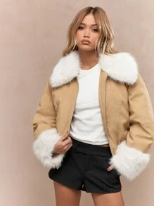 MISSGUIDED Cazadora con cuello y puños de peluche sobredimensionados con ribete de piel sintética de lujo, diseño de moda de otoño e invierno, abrigo casual con aislamiento y estilo de calle cálido