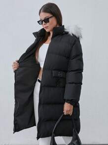 EURMUSE Plus Women's Zip Up Fuzzy Trim Hooded Padded Coat - Black - View 5