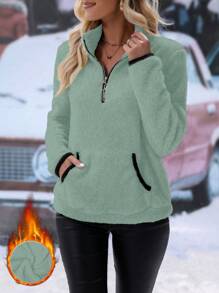 VaVaBold Áo hoodie lông cừu có túi Kangaroo họa tiết tương phản dành cho nữ, phong cách thường ngày mùa thu/đông - Màu xanh Bạc hà - Xem 1