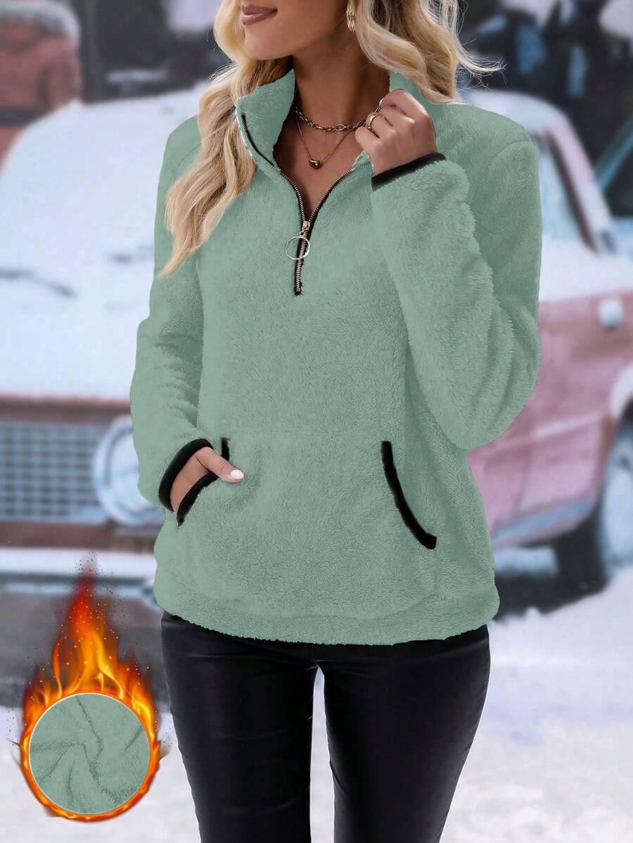 VaVaBold Áo hoodie lông cừu có túi Kangaroo họa tiết tương phản dành cho nữ, phong cách thường ngày mùa thu/đông - Màu xanh Bạc hà - Xem 1