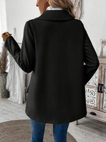 女式纯色前扣长袖休闲夹克，日常穿着 - 黑色 - 查看 2